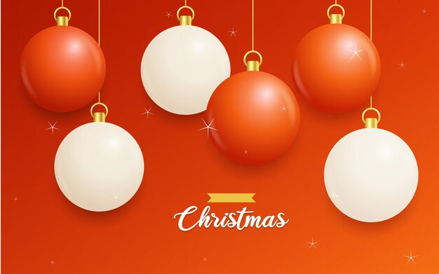 Feliz Navidad Fondo rojo con bolas colgantes blancas y rojas Carteles de Navidad horizontales Tarjetas de felicitación Ilustración vectorial