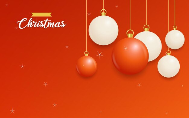 Feliz Navidad Fondo rojo con bolas colgantes blancas y rojas Carteles de Navidad horizontales Tarjetas de felicitación Ilustración vectorial