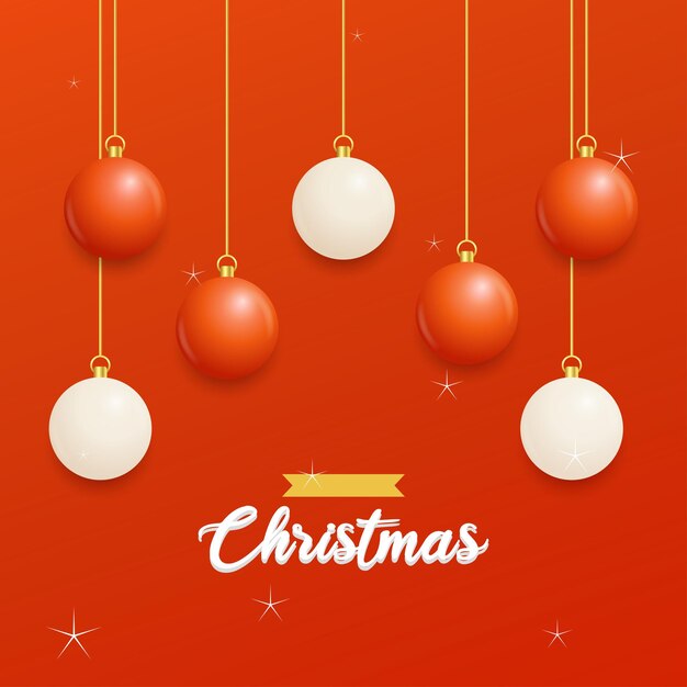 Feliz Navidad Fondo rojo con bolas colgantes blancas y rojas Carteles de Navidad horizontales Tarjetas de felicitación Ilustración vectorial