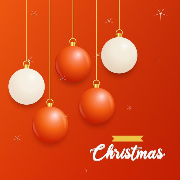 Feliz Navidad Fondo rojo con bolas colgantes blancas y rojas Carteles de Navidad horizontales Tarjetas de felicitación Ilustración vectorial
