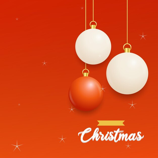 Feliz Navidad Fondo rojo con bolas colgantes blancas y rojas Carteles de Navidad horizontales Tarjetas de felicitación Ilustración vectorial