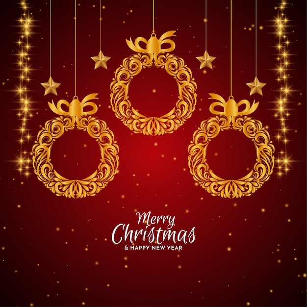Vector gratuito feliz navidad fondo rojo con bolas de navidad doradas