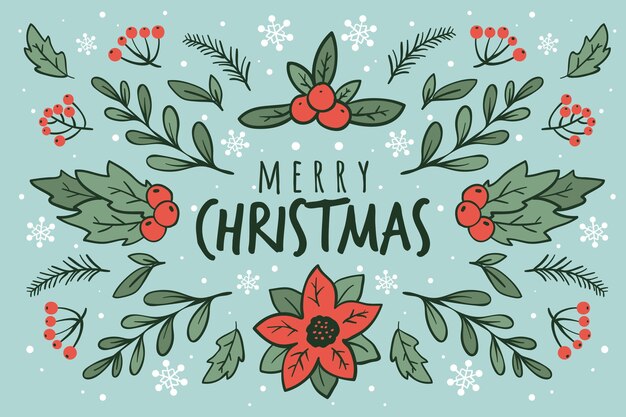 Feliz navidad con hojas de pino y muérdago