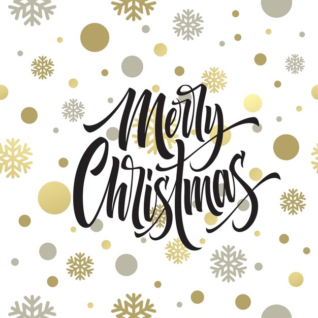 Feliz Navidad letras dibujadas a mano. Caligrafía cursiva de Navidad. Letras de Navidad con copos de nieve grises y confeti dorado. Portada, cartel, postal de diseño sin costuras. Ilustración de vector aislado
