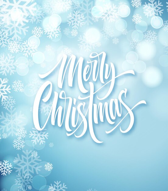 Feliz Navidad letras dibujadas a mano. Caligrafía de Navidad con copos de nieve y chispas redondas. Letras de feliz Navidad sobre fondo de invierno. Saludo de Navidad. Cartel, diseño de banner. Vector aislado