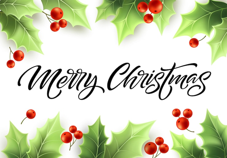 Vector gratuito feliz navidad letras dibujadas a mano en marco de muérdago realista. hojas de acebo verde y frutos rojos. marco de ramas de muérdago verde. banner, cartel, diseño de postal. ilustración vectorial