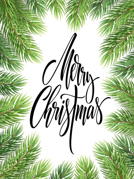Feliz Navidad letras dibujadas a mano en el marco de ramas de abeto. Caligrafía de Navidad sobre fondo blanco. Letras de Navidad en marco realista de ramitas de abeto. Banner, diseño de carteles. Vector aislado