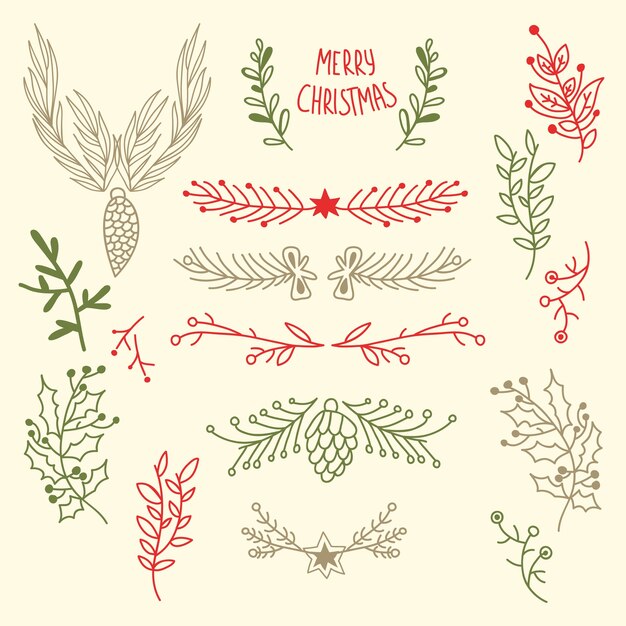 Feliz Navidad ligera floral con ramas de árboles naturales y conos en ilustración de estilo dibujado a mano