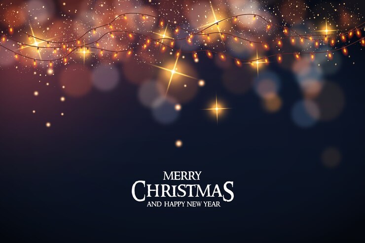 Vector gratuito feliz navidad con luces navideñas y bokeh