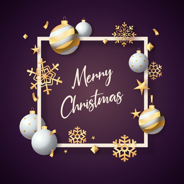 Feliz Navidad en marco con bolas blancas sobre fondo violeta