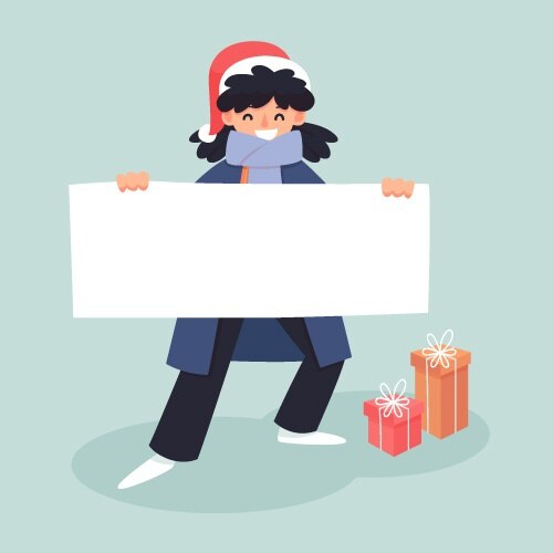 Feliz Navidad personaje sosteniendo pancarta en blanco