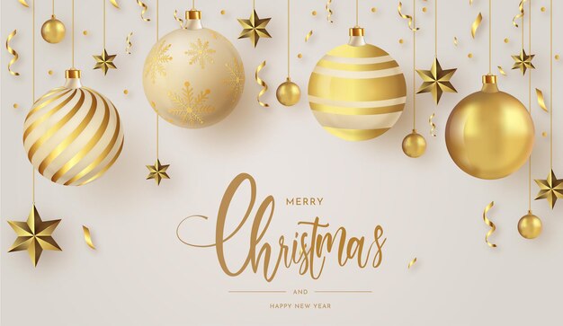 Feliz navidad y próspero año nuevo con bolas navideñas doradas realistas