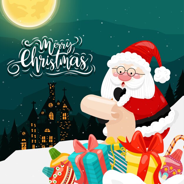 Feliz Navidad con Santa Claus y varias cajas de regalo en el nevado con casa y luna
