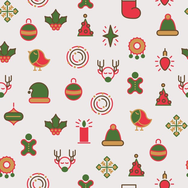 Feliz Navidad símbolos de patrones sin fisuras con diferentes tipos de regalos y juguetes de acebo con línea colorida