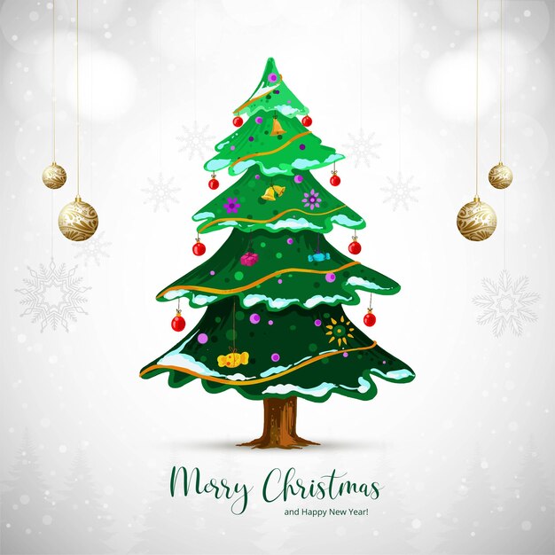 Feliz Navidad tarjeta de árbol verde sobre fondo blanco
