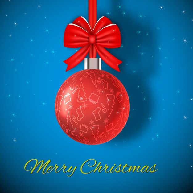 Feliz Navidad tarjeta con ilustración de vector plano bola roja brillante