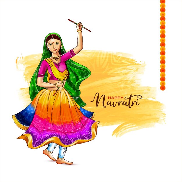 Feliz navratri dandiya garba celebración nocturna tarjeta de felicitación vector