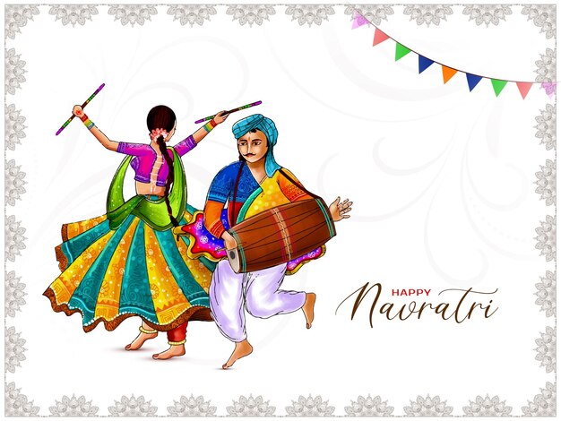 Feliz Navratri dandiya garba noche fondo con el hombre y la mujer bailando