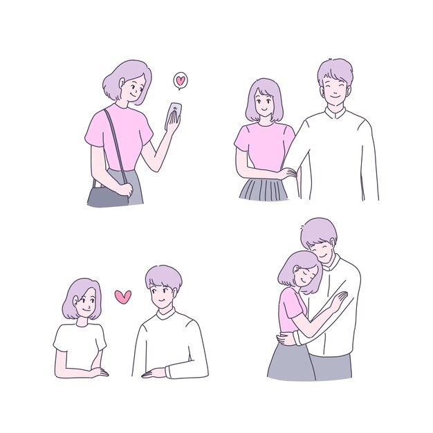 feliz, niña, y, niño, enamorado, ilustraciones, conjunto
