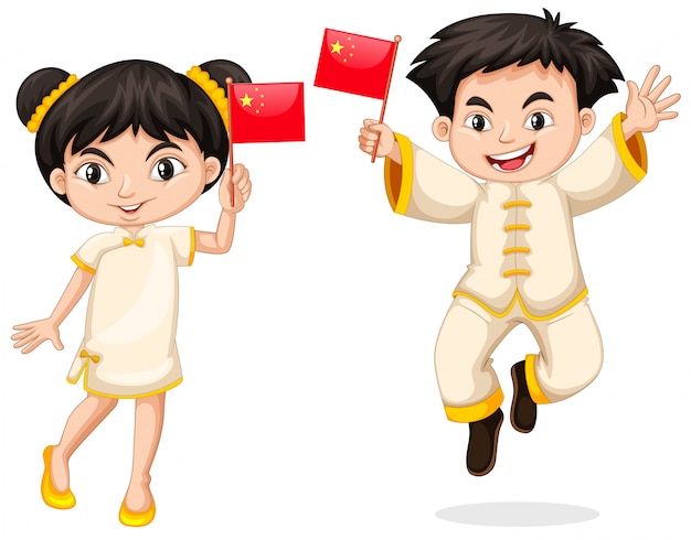 Vector gratuito feliz niño y niña sosteniendo la bandera de china