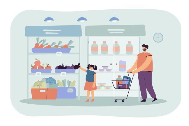 Feliz padre e hija comprando comida en la ilustración plana de supermercado. Ilustración de dibujos animados