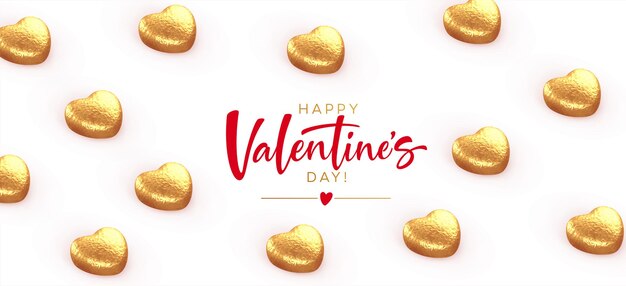 Feliz pancarta de San Valentín, con chocolates dorados en forma de corazón