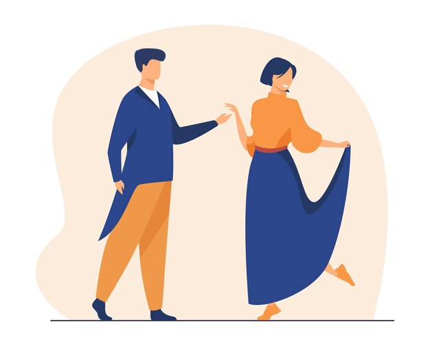 Feliz pareja bailando juntos. Baile de salón, fiesta, citas. Ilustración de dibujos animados