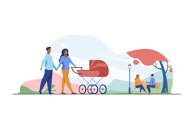 Feliz pareja caminando en el parque de otoño con buggy. Cochecito, familia, bebé ilustración vectorial plana. Fin de semana y vacaciones