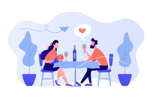 Feliz pareja de enamorados en cita romántica sentados a la mesa y bebiendo vino, gente pequeña. Cita romántica, relación romántica, concepto de historia de amor. Ilustración aislada de bluevector coral rosado
