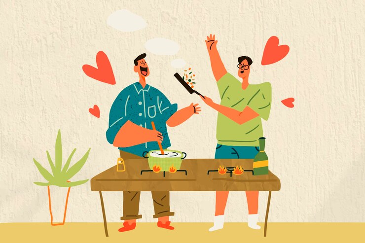 Vector gratuito feliz pareja gay cocinando, hobby doodle vector de caracteres