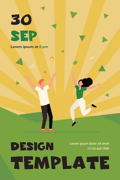 Feliz pareja joven divirtiéndose. Chica y chico bailando en la fiesta, celebrando la plantilla de Flyer plano de buenas noticias