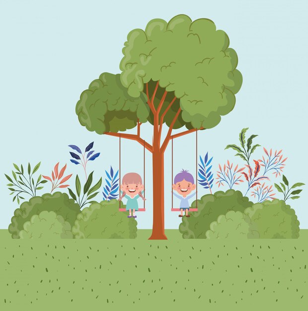 Feliz pareja de niños pequeños en escena de paisaje de swing