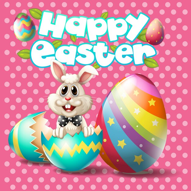 Feliz Pascua con conejito y huevos sobre fondo rosa