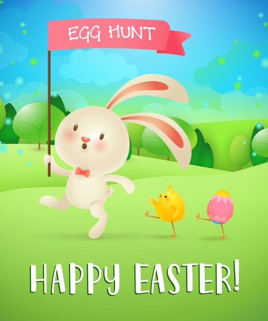 Feliz Pascua, letras de caza de huevos, conejito, pollito, huevo, paisaje