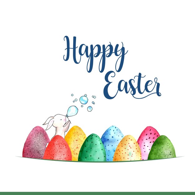 Feliz Pascua Saludo Conejito Azul Verde Amarillo Colorido Huevos Blanco Fondo Banner