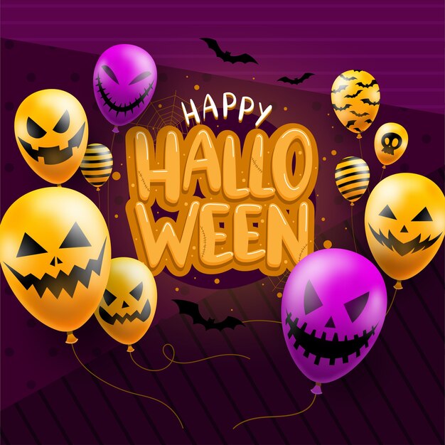 Feliz plantilla de fondo de Halloween en la oscuridad con iconos de globos de cara de diablo