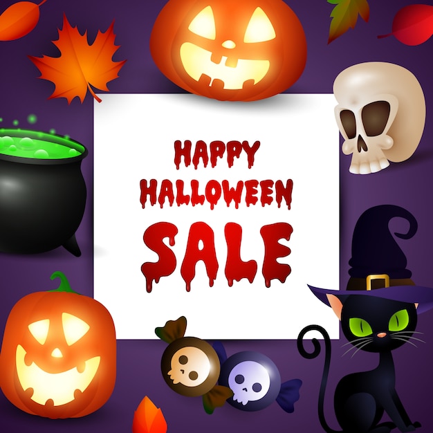 Feliz promoción de venta de halloween con símbolos de vacaciones