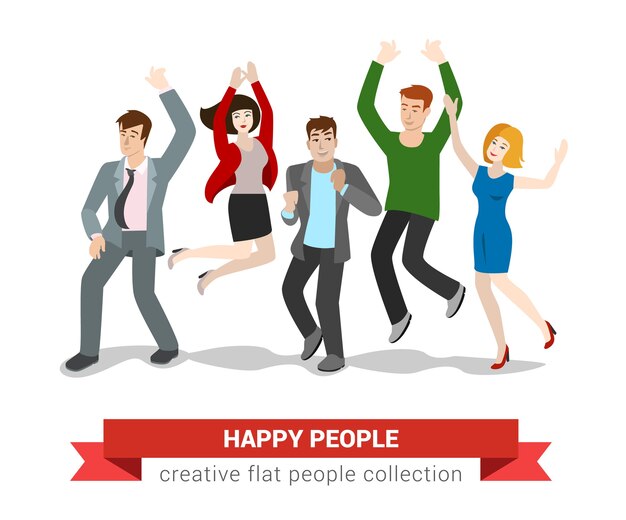 Feliz sonriente grupo de jóvenes de alto salto. Colección de personas creativas de estilo plano.