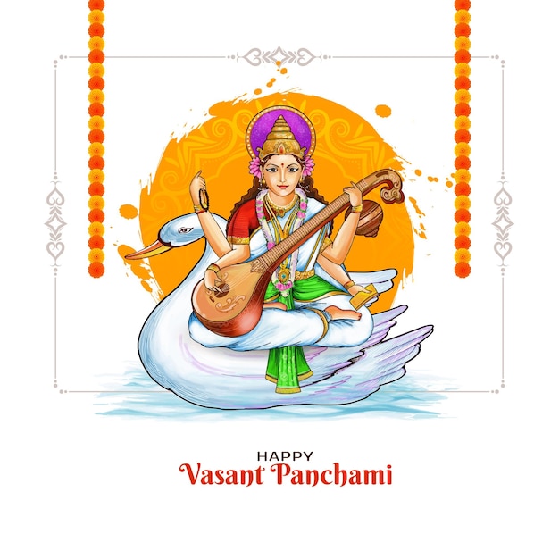 Feliz tarjeta de celebración del festival de vasant panchami con la ilustración de la diosa saraswati