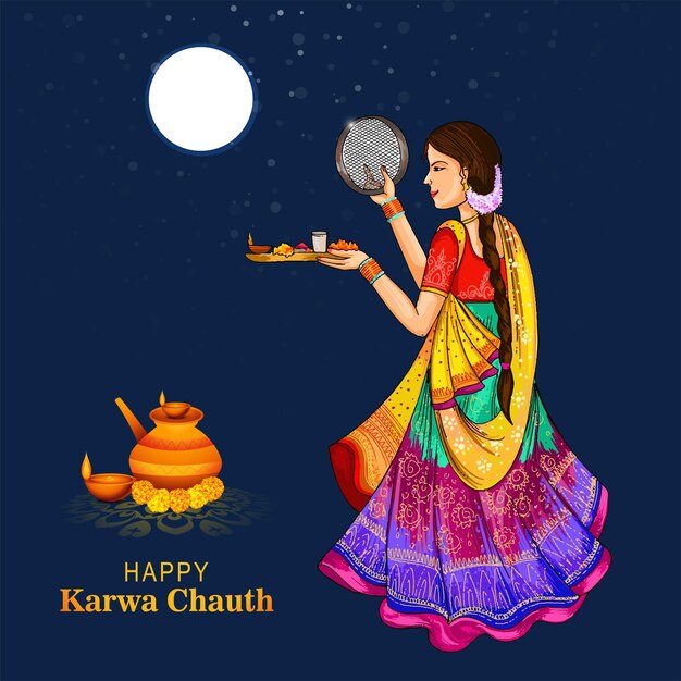 Feliz tarjeta de celebración de Karwa Chauth diseño de acuarela