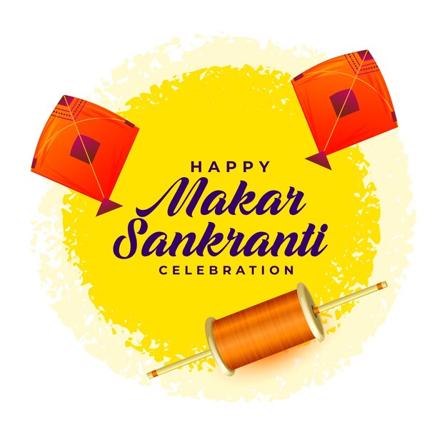 feliz tarjeta de celebración de Makar Sankranti con diseño de cometas voladores