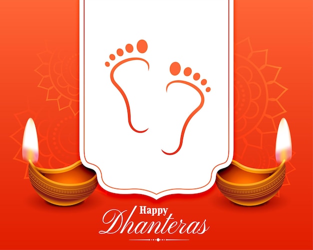 Feliz tarjeta de deseos de dhanteras con lámpara de aceite y diseño de pies de diosa