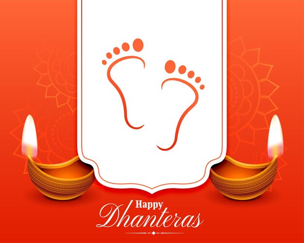 Feliz tarjeta de deseos de dhanteras con lámpara de aceite y diseño de pies de diosa
