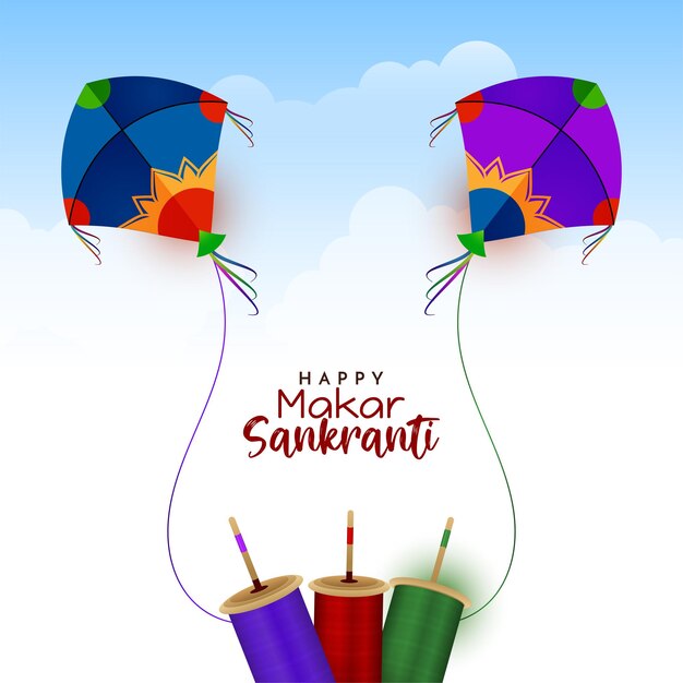 Feliz tarjeta de felicitación del festival de Makar Sankranti con cometas en el cielo
