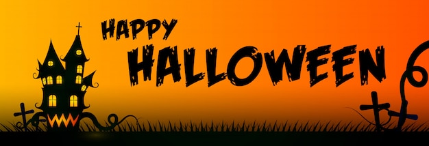 Vector gratuito feliz tarjeta de felicitación de halloween con casa y cementerio