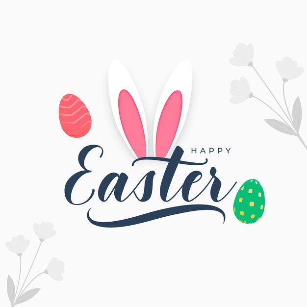 Feliz tarjeta festiva de Pascua con orejas de conejo y huevos