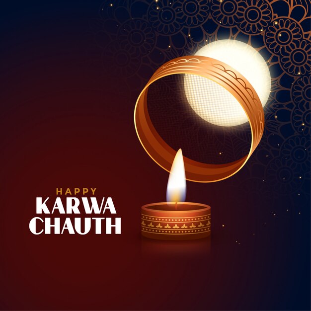 Feliz tarjeta del festival karwa chauth con luna llena y diya