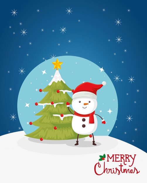 Feliz tarjeta de navidad con muñeco de nieve y pino