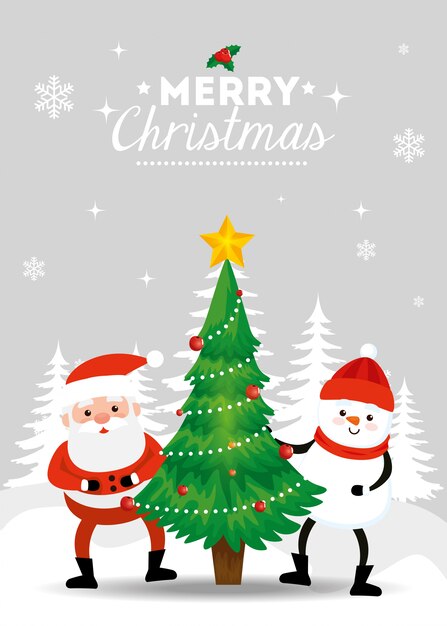 Feliz tarjeta de navidad con santa claus y muñeco de nieve en el paisaje de invierno