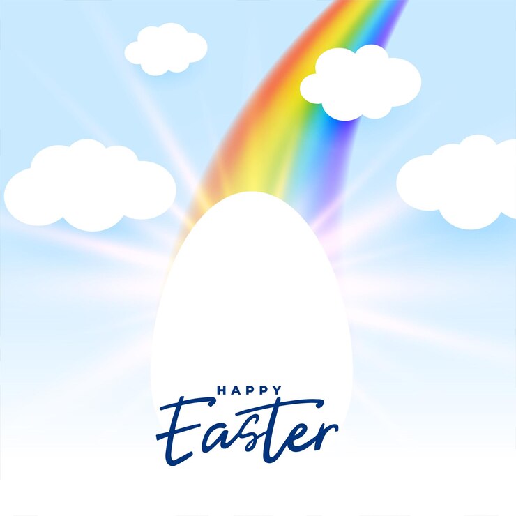 Vector gratuito feliz tarjeta de pascua con colorido arco iris y nubes de cielo